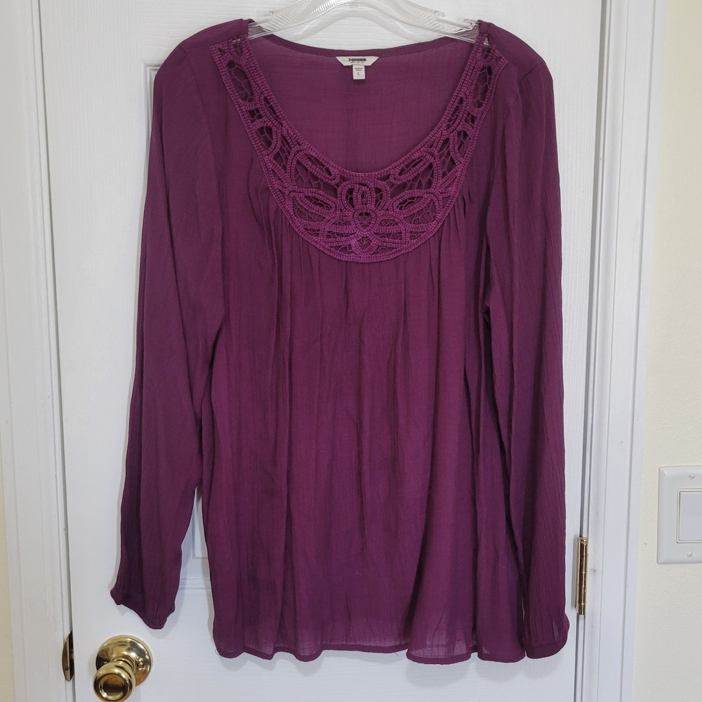 Womens Large Purple Crochet Neck Long Sleeve Blouse Top Cottagecore Boho